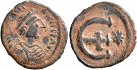 Justinian I, 527-565. Pentanummium (Bronze, 16 mm, 1.92 g, 6 h), Theoupolis (Antiochia), 551-560. [D N IV]STINIANVS P P AVG Diademed, draped, and cuir...