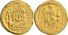 Justin II, 565-578. Solidus (Gold, 20 mm, 4.39 g, 7 h), Constantinopolis. D N IVSTINVS P P AVI Helmeted and cuirassed bust of Justin II facing, holdin...