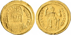 Justin II, 565-578. Solidus (Gold, 19 mm, 4.50 g, 7 h), Constantinopolis. D N IVSTINVS P P AVI Helmeted and cuirassed bust of Justin II facing, holdin...