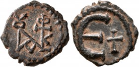 Justin II, 565-578. Pentanummium (Bronze, 15 mm, 1.41 g, 6 h), Theoupolis (Antiochia). Monogram of Justin II. Rev. Large Є; in field to right, cross. ...