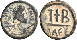 Justin II, 565-578. Dekanummium (Bronze, 15 mm, 1.38 g, 6 h), Alexandria. D N IVSTINVS [...] Diademed, draped and cuirassed bust of Justin II to right...