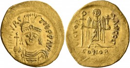 Maurice Tiberius, 582-602. Solidus (Gold, 20 mm, 4.30 g, 7 h), Constantinopolis, 583-601. O N mAVRC TIb P P AVI Draped and cuirassed bust of Maurice T...