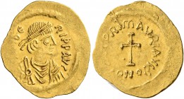 Maurice Tiberius, 582-602. Tremissis (Gold, 17 mm, 1.47 g, 7 h), Constantinopolis. [O N T]IbЄRI P P AVG Pearl-diademed, draped and cuirassed bust of M...