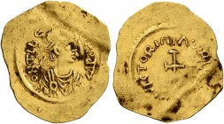 Maurice Tiberius, 582-602. Tremissis (Gold, 17 mm, 1.29 g, 7 h), Constantinopolis. O N TIbЄRI P P AVG Pearl-diademed, draped and cuirassed bust of Mau...