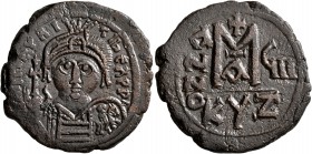 Maurice Tiberius, 582-602. Follis (Bronze, 30 mm, 12.62 g, 7 h), Cyzicus, RY 7 = 588/9. O N MAVRI TIbЄR PP A Crowned and cuirassed bust of Maurice Tib...