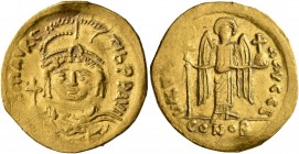 Maurice Tiberius, 582-602. Solidus (Gold, 21 mm, 4.37 g, 7 h), Theoupolis (Antiochia). [O N] mAVRC TIb P P AVI Draped and cuirassed bust of Maurice Ti...