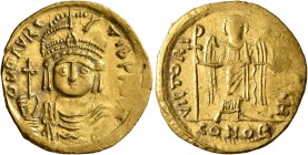 Maurice Tiberius, 582-602. Solidus (Gold, 21 mm, 4.41 g, 7 h), Theoupolis (Antiochia). O N mAVRC TIb P [P AVG] Draped and cuirassed bust of Maurice Ti...