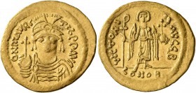 Maurice Tiberius, 582-602. Solidus (Gold, 22 mm, 4.45 g, 7 h), Theoupolis (Antiochia). O N mAVRC TIb P P AVI Draped and cuirassed bust of Maurice Tibe...
