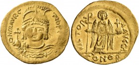 Maurice Tiberius, 582-602. Solidus (Gold, 22 mm, 4.39 g, 7 h), Theoupolis (Antiochia). O N mAVRC TIb P P AVG Draped and cuirassed bust of Maurice Tibe...