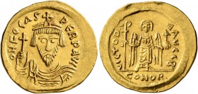 Phocas, 602-610. Solidus (Gold, 21 mm, 4.44 g, 7 h), Constantinopolis, 603-607. o N FOCAS PЄRP AVI Draped and cuirassed bust of Phocas facing, wearing...