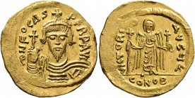 Phocas, 602-610. Solidus (Gold, 22 mm, 4.46 g, 7 h), Constantinopolis, 607-610. δ N FOCAS PЄRP AVI Draped and cuirassed bust of Phocas facing, wearing...