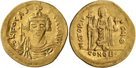 Phocas, 602-610. Solidus (Gold, 21 mm, 4.34 g, 7 h), Constantinopolis, 607-610. δ N FOCAS PERP AVI Draped and cuirassed bust of Phocas facing, wearing...