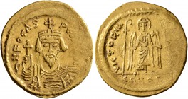 Phocas, 602-610. Solidus (Gold, 22 mm, 4.42 g, 7 h), Constantinopolis, 607-610. δ N FOCAS PЄR[P AV]I Draped and cuirassed bust of Phocas facing, weari...