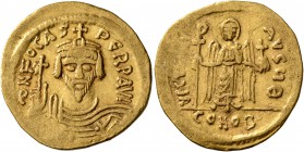 Phocas, 602-610. Solidus (Gold, 22 mm, 4.40 g, 8 h), Constantinopolis, 607-610. δ N FOCAS PЄRP AVI Draped and cuirassed bust of Phocas facing, wearing...
