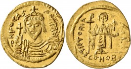 Phocas, 602-610. Solidus (Gold, 22 mm, 4.36 g, 7 h), Constantinopolis, 607-610. d N FOCAS PERP AVI Draped and cuirassed bust of Phocas facing, wearing...