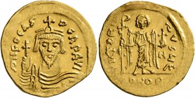 Phocas, 602-610. Solidus (Gold, 20 mm, 4.38 g, 7 h), Constantinopolis, 607-610. δ N FOCAS PЄRP AVI Draped and cuirassed bust of Phocas facing, wearing...