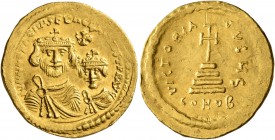 Heraclius, with Heraclius Constantine, 610-641. Solidus (Gold, 21 mm, 4.40 g, 7 h), Constantinopolis, 616-625. δδ NN hERACLIЧS ET hERA CONST PP AVG Cr...