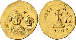 Heraclius, with Heraclius Constantine, 610-641. Solidus (Gold, 22 mm, 4.42 g, 6 h), Constantinopolis, circa 616-625. δδ NN hERACLIЧS ET hERA CONST PP ...