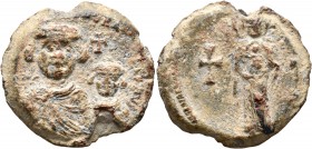Heraclius, with Heraclius Constantine, 610-641. Seal (Lead, 28 mm, 17.55 g, 12 h). [δδ NN hERACLIЧS ET h]ER[A CONST PP A] Crowned, draped and short-be...