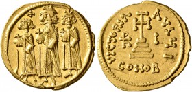 Heraclius, with Heraclius Constantine and Heraclonas, 610-641. Solidus (Gold, 20 mm, 4.44 g, 7 h), Constantinopolis, indictional year I (10) = 636/637...