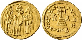 Heraclius, with Heraclius Constantine and Heraclonas, 610-641. Solidus (Gold, 20 mm, 4.37 g, 6 h), Constantinopolis, indictional year IA (11) = 637/63...