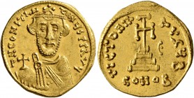 Constans II, 641-668. Solidus (Gold, 19 mm, 4.30 g, 7 h), Constantinopolis, 646-647. d N CONSTANTINЧS P P AV Crowned, draped and short-bearded bust of...
