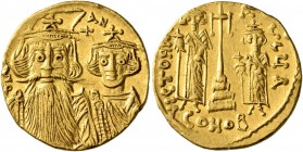 Constans II, with Constantine IV, Heraclius, and Tiberius, 641-668. Solidus (Gold, 19 mm, 4.41 g, 7 h), Constantinopolis, 661-663. d N AN Facing bust ...