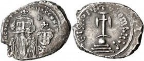 Constans II, with Constantine IV, 641-668. Hexagram (Silver, 25 mm, 6.52 g, 7 h), Constantinopolis, 654-659. δ N CONSTANTINЧS C CONST[AN] Crowned and ...