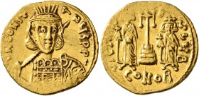 Constantine IV Pogonatus, with Heraclius and Tiberius, 668-685. Solidus (Gold, 19 mm, 4.41 g, 7 h), Constantinopolis, 668-673. δ N CONSTANЧS P P' Diad...