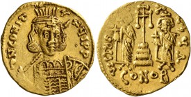 Constantine IV Pogonatus, with Heraclius and Tiberius, 668-685. Solidus (Gold, 19 mm, 4.42 g, 7 h), Constantinopolis, 668-673. δ N CONSTANЧS P P Diade...