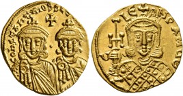 Constantine V Copronymus, with Leo IV, 741-775. Solidus (Gold, 20 mm, 4.42 g, 5 h), Constantinopolis, circa 751-757. COҺSTAҺTIҺOS S LЄO[Һ O ҺЄOS] Crow...