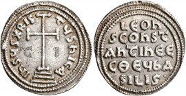 Leo IV the Khazar, with Constantine VI, 775-780. Miliaresion (Silver, 21 mm, 2.06 g, 7 h), Constantinopolis, 776-780. ҺSЧS XRISTЧS ҺICA Cross potent o...
