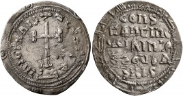 Constantine VI & Irene, 780-797. Miliaresion (Silver, 24 mm, 1.84 g, 12 h), Constantinopolis. IҺSЧS XRISTЧS ҺICA Cross potent set on three steps. Rev....