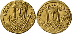 Irene, 797-802. Solidus (Gold, 19 mm, 4.45 g, 6 h), Constantinopolis. ЄIRIҺH bASILISSH Crowned bust of Irene facing, wearing loros, holding globus cru...