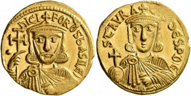 Nicephorus I, with Stauracius, 802-811. Solidus (Gold, 19 mm, 4.44 g, 6 h), Constantinopolis. nICIFOROS bASILЄ' Crowned and draped bust of Nicephorus ...