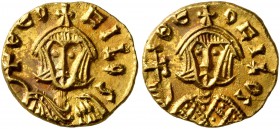Theophilus, 829-842. Tremissis (Gold, 10 mm, 1.37 g, 6 h), Syracuse, circa 829-830. ΘЄOFILOS bA Facing bust of Theophilus, wearing crown surmounted by...