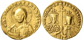 Constantine VII Porphyrogenitus, with Romanus II, 913-959. Solidus (Gold, 19 mm, 4.32 g, 7 h), Constantinopolis, 945-959. +IҺS XPS RЄX RЄGNANTIЧm' Bus...