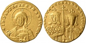 Constantine VII Porphyrogenitus, with Romanus II, 913-959. Solidus (Gold, 19 mm, 4.31 g, 7 h), Constantinopolis, 945-959. +IҺS XPS RЄX RЄGNANTIҺm Bust...