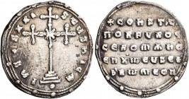 Constantine VII Porphyrogenitus, with Romanus I, 913-959. Miliaresion (Silver, 23 mm, 2.73 g, 1 h), Constantinopolis, 945-959. IҺSЧS XRISTЧS ҺICm Cros...