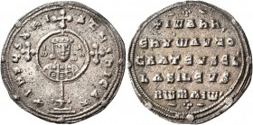 John I Zimisces, 969-976. Miliaresion (Silver, 22 mm, 2.88 g, 6 h), Constantinopolis. +IҺSЧS XRISTЧS ҺICA✷ Cross crosslet set upon globus above two st...