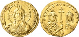Basil II Bulgaroktonos, with Constantine VIII, 976-1025. Histamenon (Gold, 22 mm, 4.43 g, 7 h), Constantinopolis, circa 977-989. +IҺS XIS RЄX RЄGNANTI...