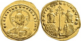 Basil II Bulgaroktonos, with Constantine VIII, 976-1025. Histamenon (Gold, 24 mm, 4.42 g, 7 h), Constantinopolis, circa 989-1001. +IҺS XIS RЄX RЄGNANT...