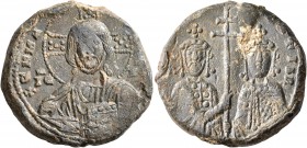 Basil II Bulgaroktonos, with Constantine VIII, 976-1025. Seal (Lead, 27 mm, 22.12 g, 12 h). [+ЄΜΜΑ] - ΝΟЧΗΛ / IC - XC Bust of Christ Emmanuel facing, ...