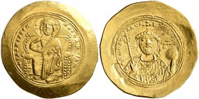 Constantine IX Monomachus, 1042-1055. Histamenon (Gold, 27 mm, 4.43 g, 6 h), Constantinopolis. +IhS XIS RЄX RЄGNANTIҺm Christ enthroned facing, wearin...