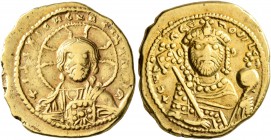 Constantine IX Monomachus, 1042-1055. Tetarteron (Gold, 17 mm, 3.99 g, 6 h), Constantinopolis, circa 1053-1055. +IҺS XRS RЄX RЄGNANTIm Bust of Christ ...