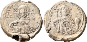 Constantine IX Monomachus, 1042-1055. Seal (Bronze, 34 mm, 39.53 g, 11 h), Constantinopolis. +ЄΜΜΑ-ΝΟЧΗΛ / IC - XC Bust of Christ Emmanuel facing, wit...