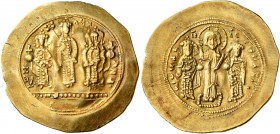 Romanus IV Diogenes, with Eudocia, Michael VII, Constantius, and Andronicus, 1068-1071. Histamenon (Gold, 28 mm, 4.32 g, 7 h), Constantinopolis. KωN m...
