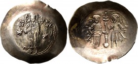 Manuel I Comnenus, 1143-1180. Aspron Trachy (Electrum, 31 mm, 4.08 g, 6 h), Constantinopolis. IC - XC Christ Pantokrator standing facing on dais; two ...