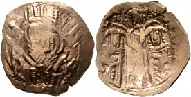 Andronicus II Palaeologus, with Michael IX, 1282-1328. Hyperpyron (Electrum, 23 mm, 4.34 g, 6 h), Constantinopolis. Bust of Virgin Mary, orans, within...