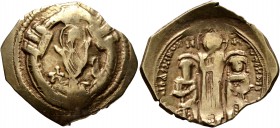 Andronicus II Palaeologus, with Michael IX, 1282-1328. Hyperpyron (Electrum, 25 mm, 4.16 g, 6 h), Constantinopolis. Bust of Virgin Mary, orans, within...